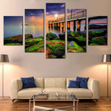 Cloudy Sunset Pier Seascape Green Boulders 5 Piece Canvas Wall Art Painting Wallpaper Poster Picture Print Photo Decor