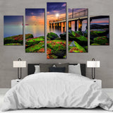 Cloudy Sunset Pier Seascape Green Boulders 5 Piece Canvas Wall Art Painting Wallpaper Poster Picture Print Photo Decor