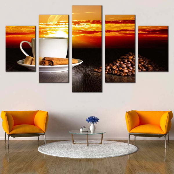 Coffee Cup Cinnamon Sticks Sunset Coffee Beans 5 Piece Canvas Wall Art Painting Wallpaper Poster Picture Print Photo Decor