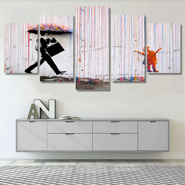 Abstract Banksy Inspired Colorful Rain Umbrella 5 Piece Canvas Wall Art Painting Wallpaper Poster Picture Print Photo Decor