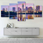 Austin Downtown Skyline Reflection Cityscape 5 Piece Canvas Wall Art Painting Wallpaper Poster Picture Print Photo Decor