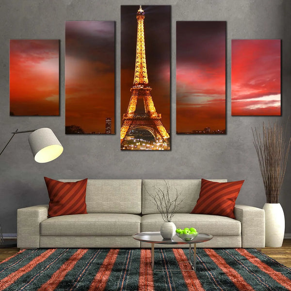 Eiffel Tower Sunset Grey Red Cloudy Sky Cityscape 5 Piece Canvas Wall Art Painting Wallpaper Poster Picture Print Photo Decor