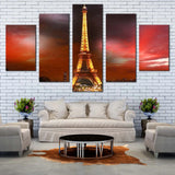 Eiffel Tower Sunset Grey Red Cloudy Sky Cityscape 5 Piece Canvas Wall Art Painting Wallpaper Poster Picture Print Photo Decor