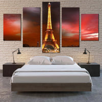 Eiffel Tower Sunset Grey Red Cloudy Sky Cityscape 5 Piece Canvas Wall Art Painting Wallpaper Poster Picture Print Photo Decor