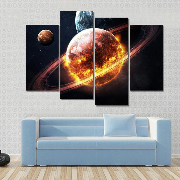 Dying Planet With Rings Cosmic Space 4 Piece Canvas Wall Art Painting Wallpaper Poster Picture Print Photo Decor