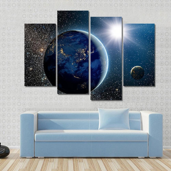 Astronomical Galaxy View Earth And Sun From Space 4 Piece Canvas Wall Art Painting Wallpaper Poster Picture Print Photo Decor