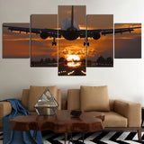 Boeing 767 Airplane Sunset Landing 5 Piece Canvas Wall Art Painting Wallpaper Poster Picture Print Photo Decor