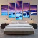 Dramatic Purple Sky Over Ocean Rocks Seascape 5 Piece Canvas Wall Art Painting Wallpaper Poster Picture Print Photo Decor