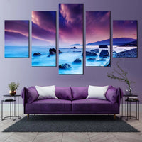 Dramatic Purple Sky Over Ocean Rocks Seascape 5 Piece Canvas Wall Art Painting Wallpaper Poster Picture Print Photo Decor