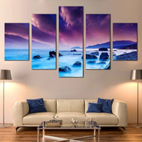 Dramatic Purple Sky Over Ocean Rocks Seascape 5 Piece Canvas Wall Art Painting Wallpaper Poster Picture Print Photo Decor