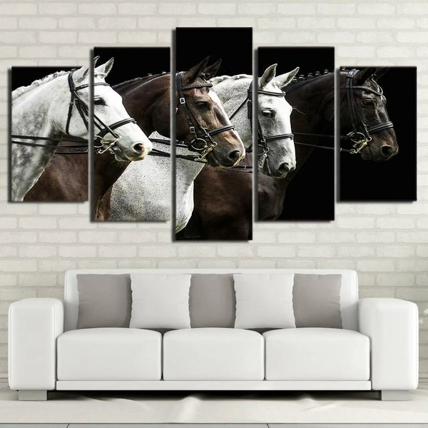 Black and White Four Horses Animal 5 Piece Canvas Wall Art Painting Wallpaper Poster Picture Print Photo Decor