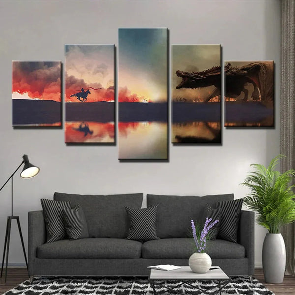 Game of Thrones Dragon Battle GOT Fire and Dragon 5 Piece Canvas Wall Art Painting Wallpaper Poster Picture Print Photo Decor