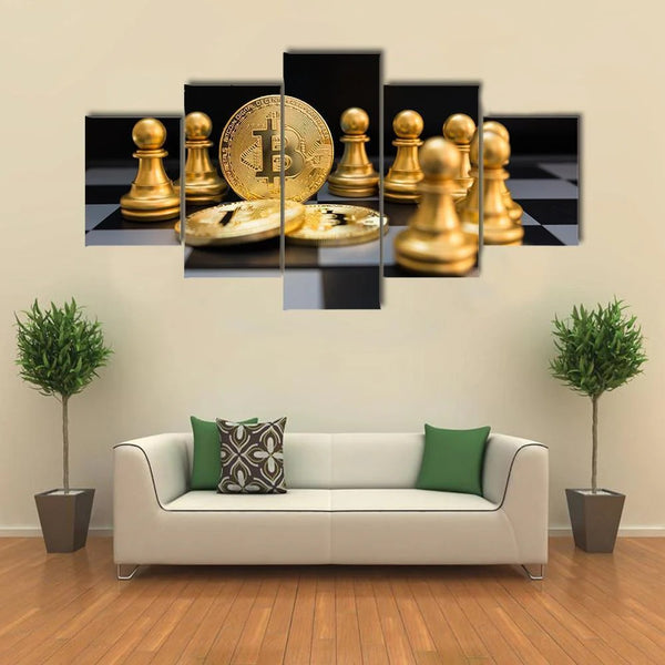 Gold Chess Pawns And Golden Bitcoin Cryptocurrency 5 Piece Canvas Wall Art Painting Wallpaper Poster Picture Print Photo Decor