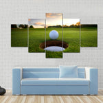 Golf Ball Hovering Over Hole At Sunset Golf Enthusiast 5 Piece Canvas Wall Art Painting Wallpaper Poster Picture Print Photo Decor