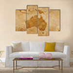 Vintage Grunge Australia Map Rustic World 4 Piece Canvas Wall Art Painting Wallpaper Poster Picture Print Photo Decor