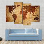 Vintage Grunge World Map Rustic 4 Piece Canvas Wall Art Painting Wallpaper Poster Picture Print Photo Decor