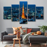 Tokyo Japan City Tower Skyline Sunset 5 Piece Canvas Wall Art Painting Wallpaper Poster Picture Print Photo Decor