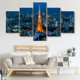 Tokyo Japan City Tower Skyline Sunset 5 Piece Canvas Wall Art Painting Wallpaper Poster Picture Print Photo Decor