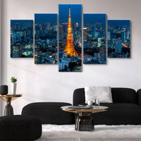 Tokyo Japan City Tower Skyline Sunset 5 Piece Canvas Wall Art Painting Wallpaper Poster Picture Print Photo Decor