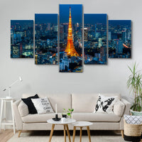 Tokyo Japan City Tower Skyline Sunset 5 Piece Canvas Wall Art Painting Wallpaper Poster Picture Print Photo Decor