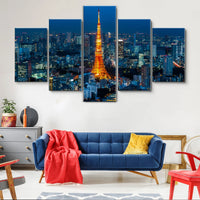 Tokyo Japan City Tower Skyline Sunset 5 Piece Canvas Wall Art Painting Wallpaper Poster Picture Print Photo Decor