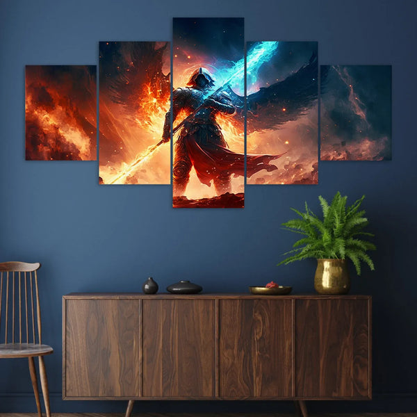 Epic Angel Warrior with Fiery and Icy Sword 5 Piece Canvas Wall Art Painting Wallpaper Poster Picture Print Photo Decor