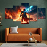 Epic Angel Warrior with Fiery and Icy Sword 5 Piece Canvas Wall Art Painting Wallpaper Poster Picture Print Photo Decor