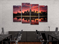 Natural Trees Red Sky River Reflection View Landscape 4 Piece Canvas Wall Art Painting Wallpaper Poster Picture Print Photo Decor