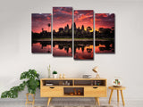 Natural Trees Red Sky River Reflection View Landscape 4 Piece Canvas Wall Art Painting Wallpaper Poster Picture Print Photo Decor