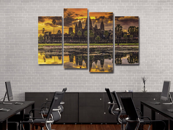 Beautiful Angkor Wat Night Colorful Sky River Reflection 4 Piece Canvas Wall Art Painting Wallpaper Poster Picture Print Photo Decor