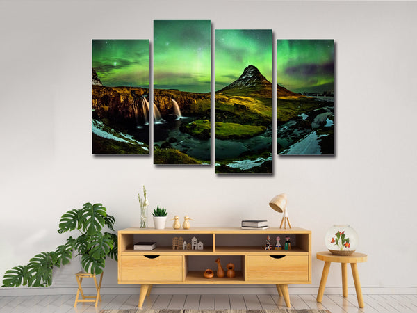 Beautiful Northern Aurora Green Lights Kirkjufell Mountain Waterfall 4 Piece Canvas Wall Art Painting Wallpaper Poster Picture Print Photo Decor