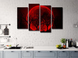 Red Full Moon Leafless Trees Night 4 Piece Canvas Wall Art Painting Wallpaper Poster Picture Print Photo Decor