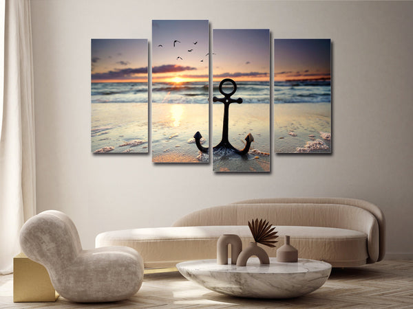 Seascape Anchor Coastal Sunrise Sunset Sky Birds 4 Piece Canvas Wall Art Painting Wallpaper Poster Picture Print Photo Decor