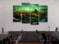 Northern Lights Kirkjufell Sky Mountain Waterfall View 4 Piece Canvas Wall Art Painting Wallpaper Poster Picture Print Photo Decor