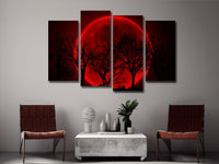 Red Full Moon Leafless Trees Night 4 Piece Canvas Wall Art Painting Wallpaper Poster Picture Print Photo Decor