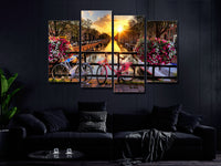 Amsterdam River and Spring Flowers Cycle Sunset Sunrise 4 Piece Canvas Wall Art Painting Wallpaper Poster Picture Print Photo Decor