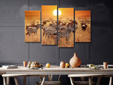 Tanzania Safari Serengeti Zebras Sunset Sunrise 4 Piece Canvas Wall Art Painting Wallpaper Poster Picture Print Photo Decor