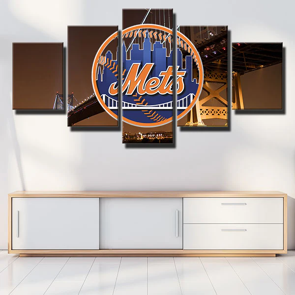 New York Mets MLB Baseball Team Logo Night View 5 Piece Canvas Wall Art Painting Wallpaper Poster Picture Print Photo Decor