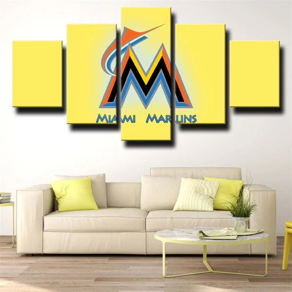 MLB Baseball Miami Marlins Sports Team Logo Yellow 5 Piece Canvas Wall Art Painting Wallpaper Poster Picture Print Photo Decor