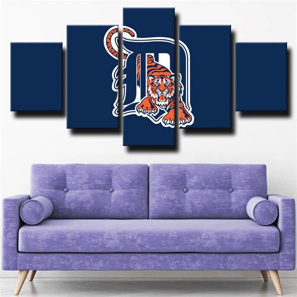MLB Detroit Tigers Baseball Sports Team Dark Blue Logo 5 Piece Canvas Wall Art Painting Wallpaper Poster Picture Print Photo Decor