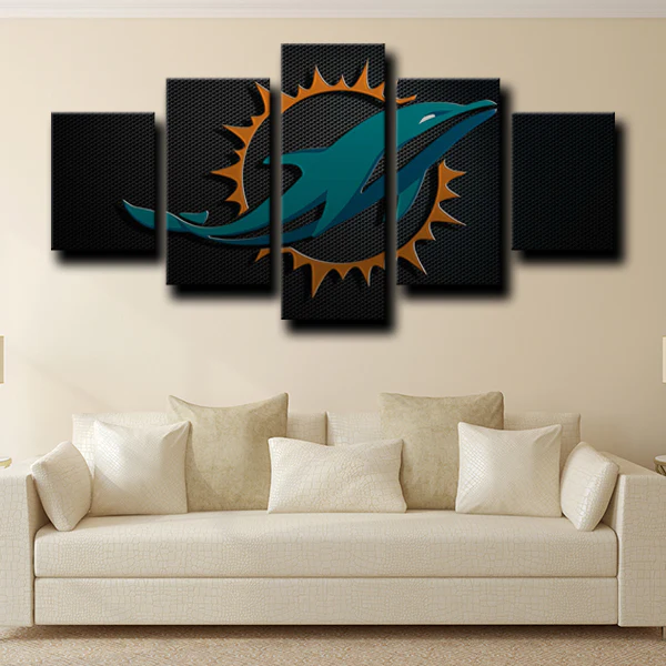 NFL Football Sports Team Miami Dolphins Black Logo 5 Piece Canvas Wall Art Painting Wallpaper Poster Picture Print Photo Decor