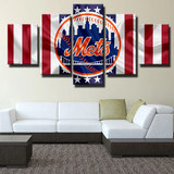 New York Mets MLB Baseball Team Logo American Flag 5 Piece Canvas Wall Art Painting Wallpaper Poster Picture Print Photo Decor