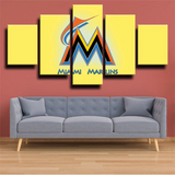 MLB Baseball Miami Marlins Sports Team Logo Yellow 5 Piece Canvas Wall Art Painting Wallpaper Poster Picture Print Photo Decor