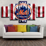 New York Mets MLB Baseball Team Logo American Flag 5 Piece Canvas Wall Art Painting Wallpaper Poster Picture Print Photo Decor