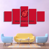 NHL Hockey New Jersey Devils Sports Team Red Logo 5 Piece Canvas Wall Art Painting Wallpaper Poster Picture Print Photo Decor