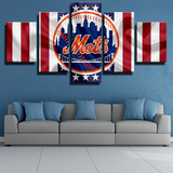 New York Mets MLB Baseball Team Logo American Flag 5 Piece Canvas Wall Art Painting Wallpaper Poster Picture Print Photo Decor
