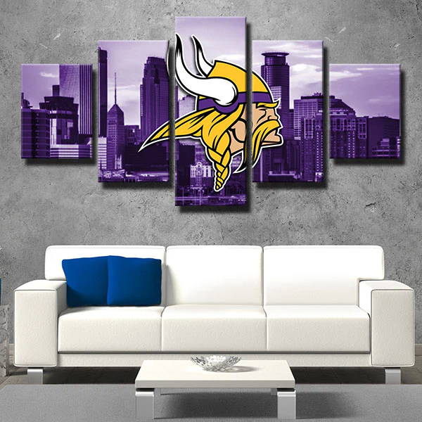 NFL Football Team Minnesota Vikings Logo Purple City 5 Piece Canvas Wall Art Painting Wallpaper Poster Picture Print Photo Decor