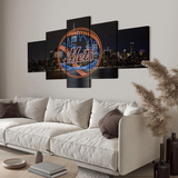 New York Mets Logo MLB Baseball Team & Night City 5 Piece Canvas Wall Art Painting Wallpaper Poster Picture Print Photo Decor