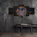 New York Mets Logo MLB Baseball Team & Night City 5 Piece Canvas Wall Art Painting Wallpaper Poster Picture Print Photo Decor