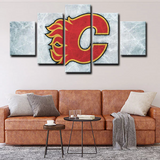 NHL Hockey Team Calgary Flames Scratched Ice Logo 5 Piece Canvas Wall Art Painting Wallpaper Poster Picture Print Photo Decor